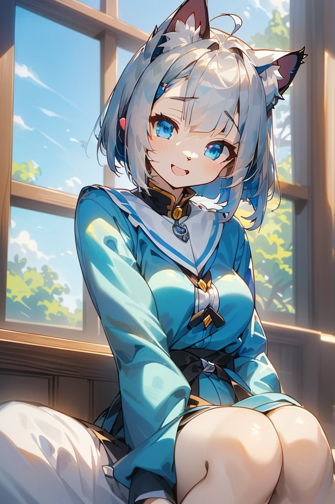 sleeved,sitting,head tilt,?,head back,((Close your mouth))、(((Highest quality))、((masterpiece))、(detailed),masterpiece,best quality, high quality,ulutra detailed,Perfect Face、BREAK Mina((girl、Eyes shining blue：1.9、Cat ear：1.3　Silver Bob Hair：2.5、))、BREAK、