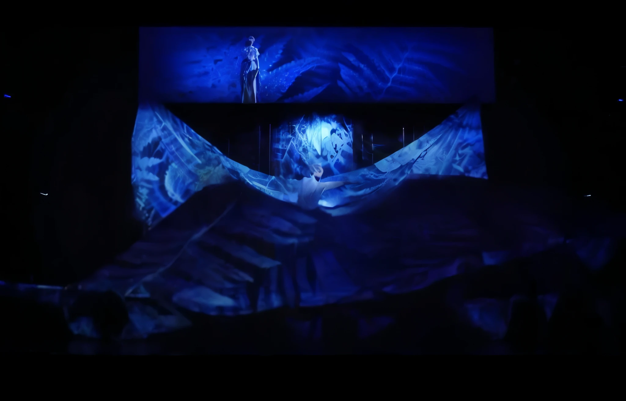 Stage scene concept、Stage lighting、Flowing curtain、arafed image of woman in skirt on stage, Projection design and installation, projection mapping, The back of the scene design element, Holographic projection, Hologram, With screens and silk, 巨大的Hologram, 空灵Hologram中心, footage of a theater stage, Alana Fletcher