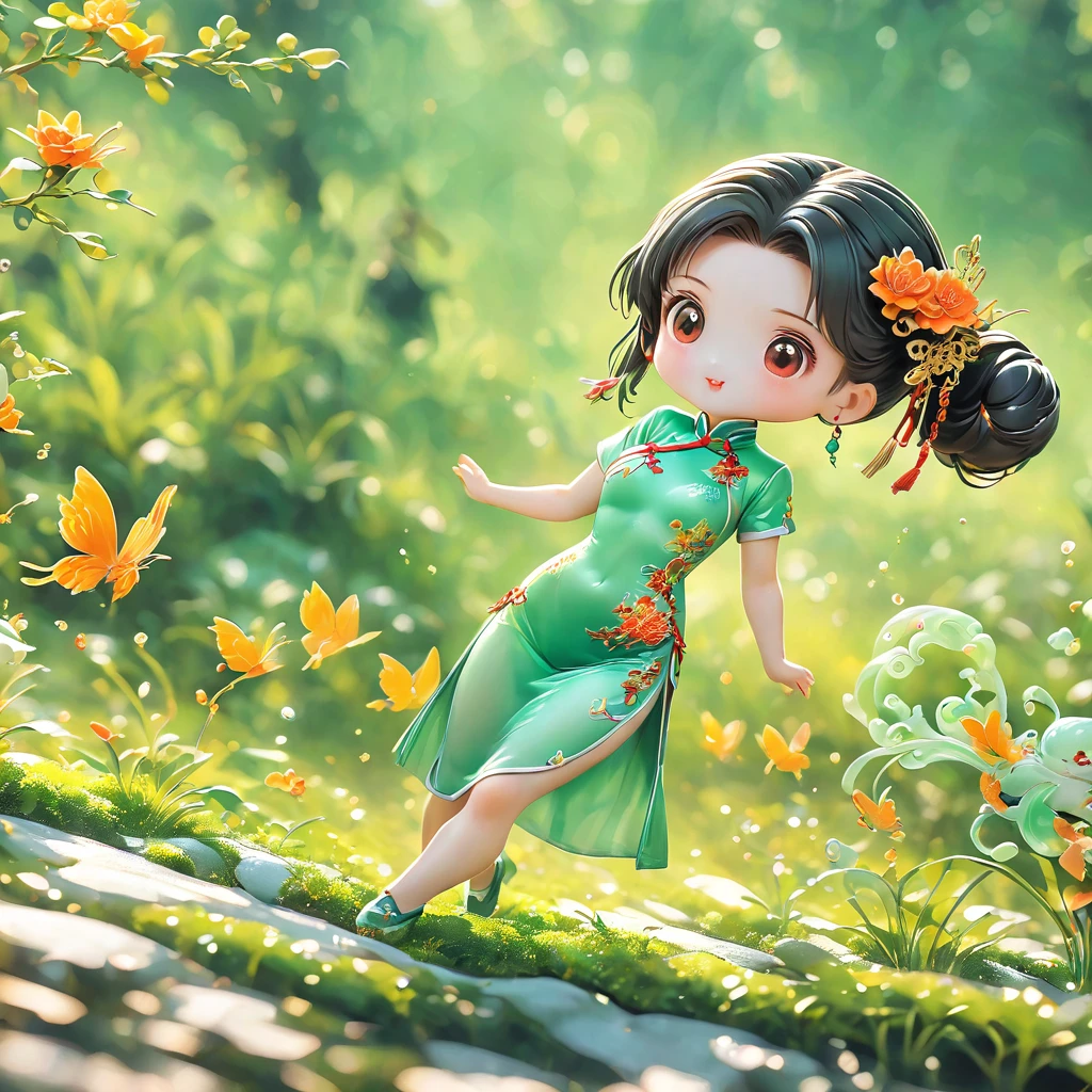 best quality, very good, 16K, ridiculous, Very detailed, charming(((cheongsam 1.3)))wing，Made of jadeite, Background grassland（（A masterpiece full of fantasy elements）））， （（best quality））， （（Intricate details））（8K）