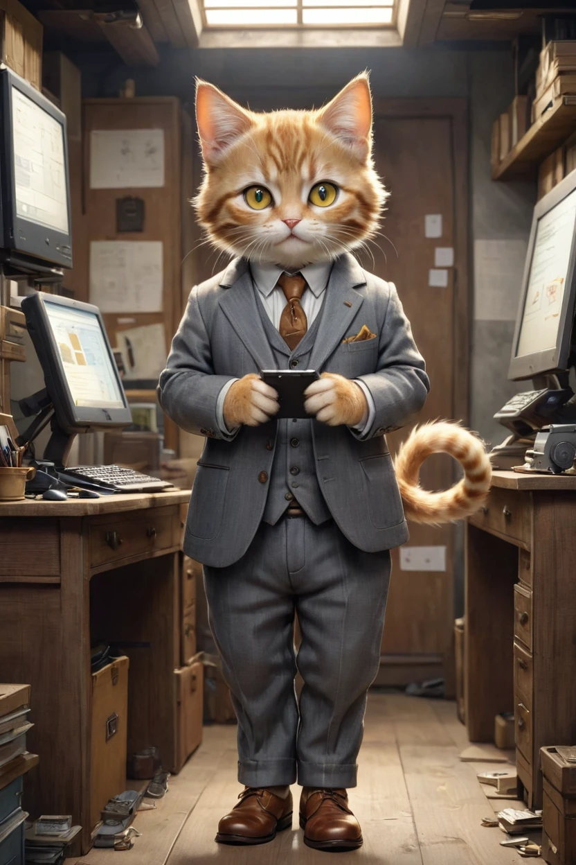 small, かわいいbornき物, Wearing a gray suit,Wearing suit pants、Brown leather shoes、 whole body,Small , Are standing, Costumes, Operating a computer、 Fantasy art, Exquisite detail, Jean-Baptiste Monge Style, office、Alan Lee Style, An anthropomorphic, fat, furry tabby kitten with yellow eyes, Movie Scenes, Dramatic shot angles, , Realistic, born々Amazing cinematic photorealism, Action Portrait, 8K, detailed, Full Frame