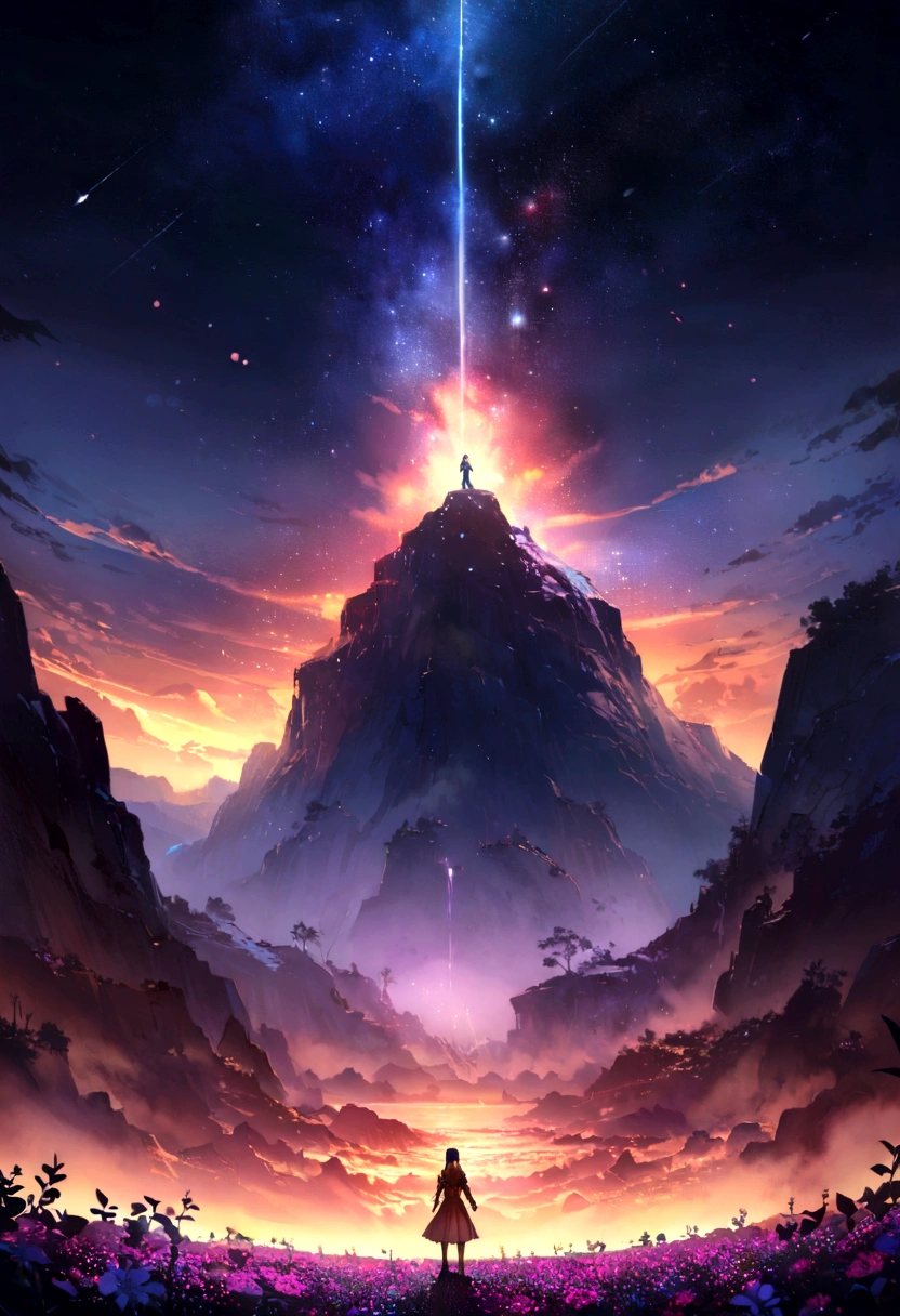 masterpiece, Concept Art, Panorama, Centered, figure, Wide Shot, One girl, Are standing, cliff, Flower Field, night, (Meteors), Space galaxy background, (A magnificent composition, Epic proportions), Dynamic Lighting, Bright colors, makoto shinkai, Your name was inspired,
