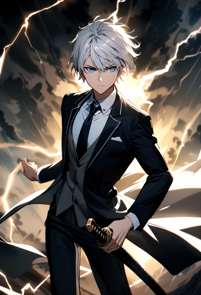 +A young white-haired man in a stylish suit and tie,+ blue eyes,+ lively light,+ short hair,+ holding a lightning katana