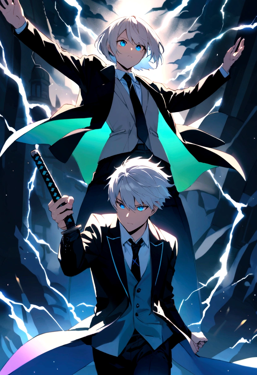 +A young white-haired man in a stylish suit and tie,+ blue eyes,+ lively light,+ short hair,+ holding a lightning katana