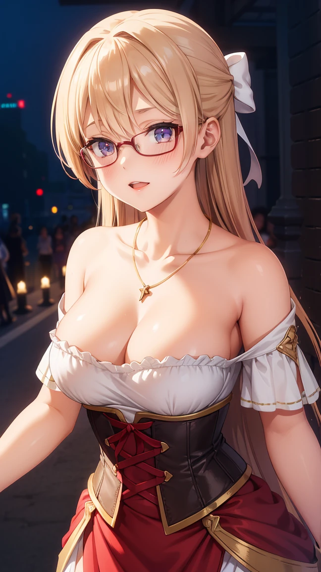 1girl, natural lighting, masterpiece, highly detailed, illustration, game CG, absurdres, high quality, beautiful detailed eyes, glossy lips, natural lighting, medium breasts, klaudia valentz, collarbone, cleavage, corset, red dress, light smile, night, neon lights, red carpet, crowd, jewelry, necklace, blush, side slit, glasses