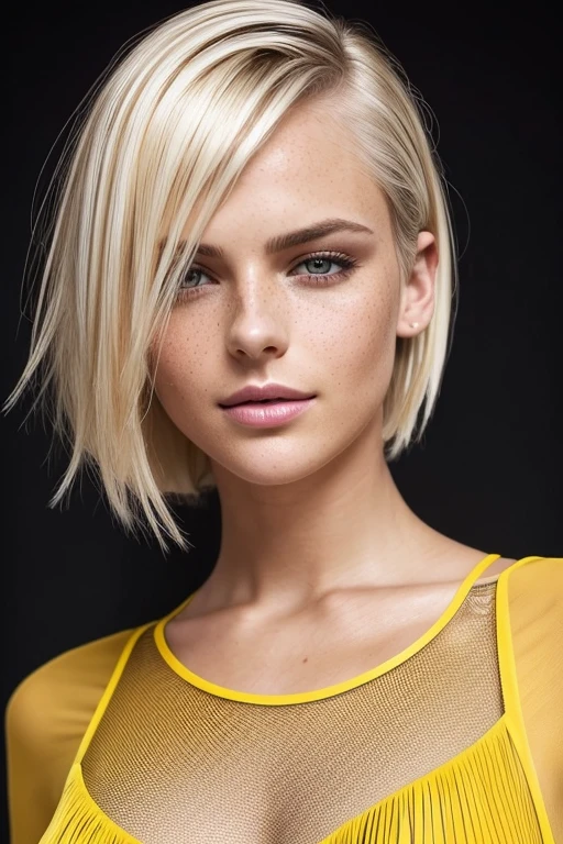 Gorgeous european woman with very short hair, short hair with fringe, wet hair, hair slicked back, combed straight back, slick hair, streaked blonde hair, Dakota Skye in a tight wet yellow open blouse, cleavage, freckles, solid dark grey background