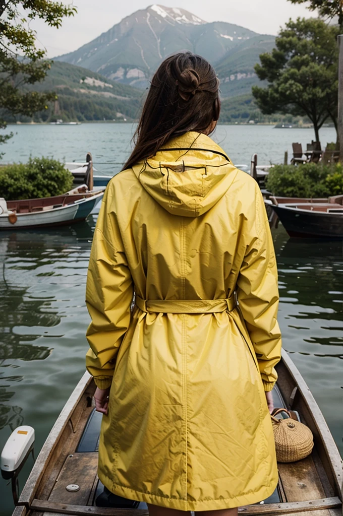 there is a woman on a boat, wear nothing, yellow coat lied beside her, on a lake, from behind