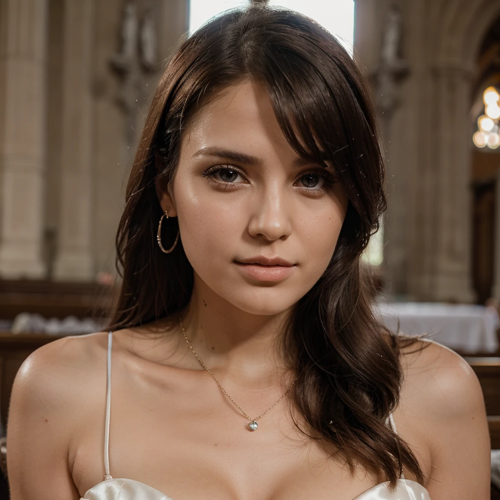 a close up portrait of a model ((at a church wearing a flower dress++++)), sexy young woman, realistic , beautiful succubus, (derevschikova: 1.4), beautiful alluring , perfect nose, ultra beautiful, with her long, perfect beautiful, realistic , epic beautiful, 8k, fuji xt3, not cropped, premium wide open city ” large breasts