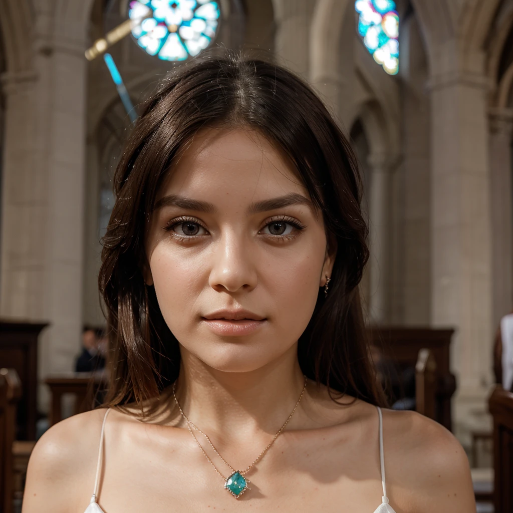 1girl in, 30 years old, Square face, Long hair, Looking at viewer, jewelry, Reality, Sexy, bridal page, church background, free pose