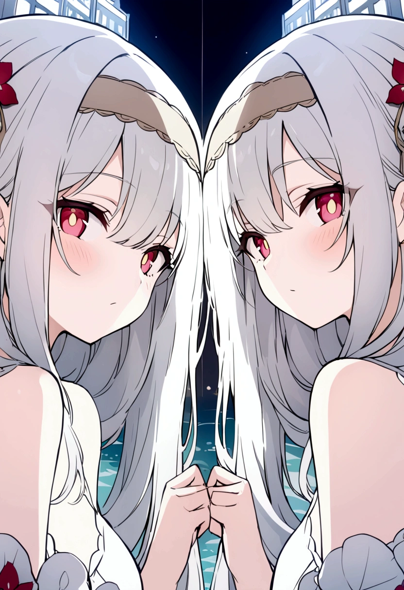 ((masterpiece, best quality))++, Detailed lighting+, Detailed hair+, Detail hand+ ,1 girl, Miss, Long hair, Crimson eyes, beautiful eyes, young white hair,,(Beautiful white hair:1.5),(Beautiful and delicate eyes), high resolution+,glass tint, Reflective eyes, {{angle}} , Very detailed wallpaper, The original, ,Sea of Flowers,Air bangs,city road,Extremely beautiful CG,Girls shopping,Headband,Gray eyelashes