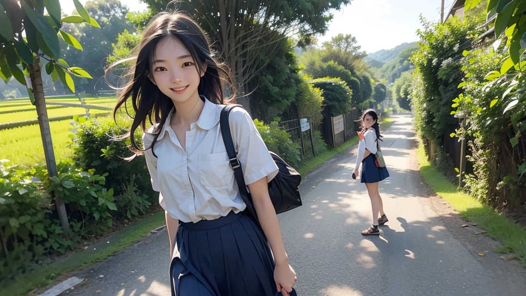 8K、RAW Photos、Highest quality、Super detailed、Super Resolution、Ultra HD、8K壁紙、Amazing details summer、evening、sunset、A rural road lined with rice fields、Paved roads、Woman walking on a country road、16 year old school girl in uniform、Drink water、School bag、Blue sky、Shining Sun、Water bottle、smile