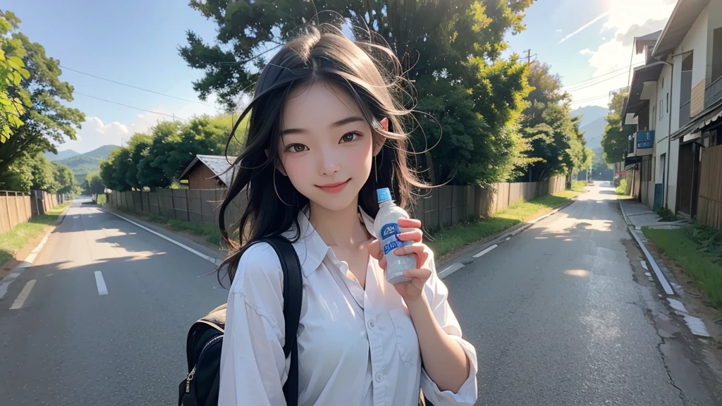 8K、RAW Photos、Highest quality、Super detailed、Super Resolution、Ultra HD、8K壁紙、Amazing details summer、evening、sunset、A rural road lined with rice fields、Paved roads、Woman walking on a country road、16 year old school girl in uniform、Drink water、School bag、Blue sky、Shining Sun、Water bottle、smile