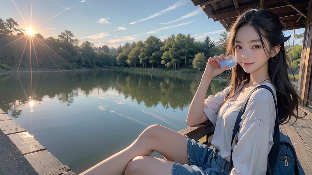 8K、RAW Photos、Highest quality、Super detailed、Super Resolution、Ultra HD、8K壁紙、Amazing details summer、evening、sunset、A rural road lined with rice fields、Paved roads、Woman walking on a country road、16 year old school girl in uniform、Drink water、School bag、Blue sky、Shining Sun、Water bottle、smile