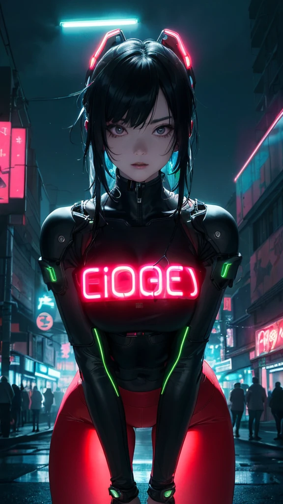 top quality))、((masterpiece)、kneel down and turn to the side、(1 Shiny skin.6 Emphasize your cleavage、Cyberpunk、big buttocks、An electronic visor is attached to the face of a 12-year-old girl, focusing on her buttocks、Cyberpunk Fashion、Versatile Sexual Positions、(Wearing red leggings on the lower body.、Breasts are enlarged、Neon lights in a dark city at night