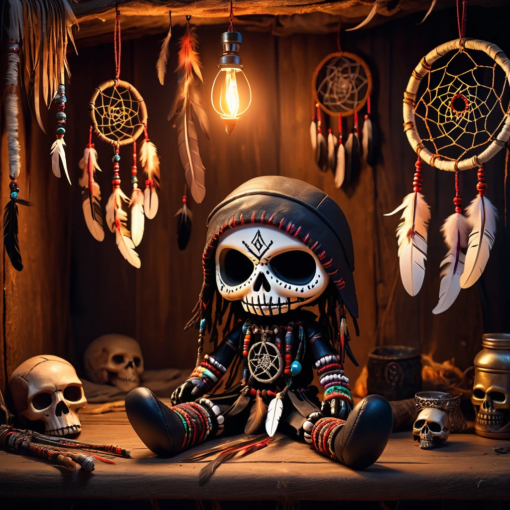 (knitted toy voodoo doll:1.2), (Voodoo Dark Dreamcatcher:1.3), (clothes Dark leather clothes with feathers, skull mask, long claws:1.0), (in the background Abandoned shaman's hut, dreamcatchers hanging from the ceiling, flickering fire:1.3), best quality, masterpiece, detailed soft oil painting, detailed background, dramatic cinematic lighting, soft edge lighting, professional, dramatic lighting, hard edge lighting, ultra quality, 4k, masterpiece, best quality, 8k, ultra high definition, high definition, extremely detailed