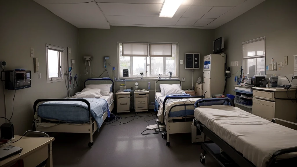 Dark hospital room There are no windows or doors One sideways bed in the center with a pillow on the left A heart rate monitor at the bedside On the floor beneath the heart rate monitor are countless cords tangled in a messy mess. There is a shelf to the left of the bed.、On top of it are small medical instruments and blades.