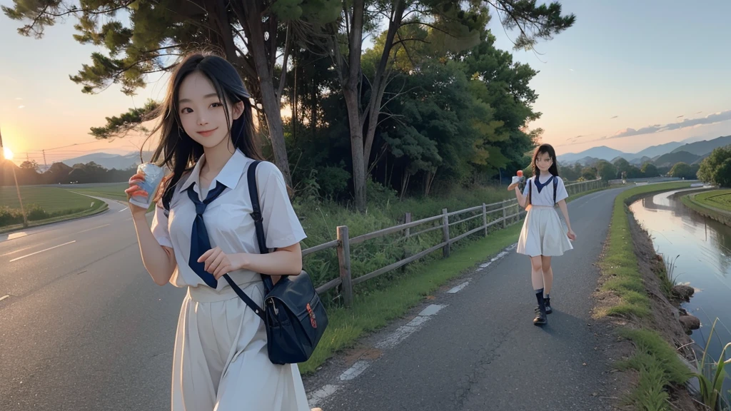 8K、RAW Photos、Highest quality、Super detailed、Super Resolution、Ultra HD、8K壁紙、Amazing details summer、evening、sunset、A rural road lined with rice fields、Paved roads、Woman walking on a country road、16 year old school girl in uniform、Drink water、School bag、Blue sky、Shining Sun、Water bottle、smile
