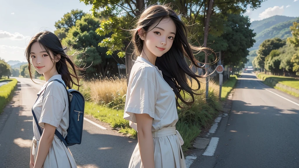 8K、RAW Photos、Highest quality、Super detailed、Super Resolution、Ultra HD、8K壁紙、Amazing details summer、evening、sunset、A rural road lined with rice fields、Paved roads、Woman walking on a country road、16 year old school girl in uniform、Drink water、School bag、Blue sky、Shining Sun、Water bottle、smile