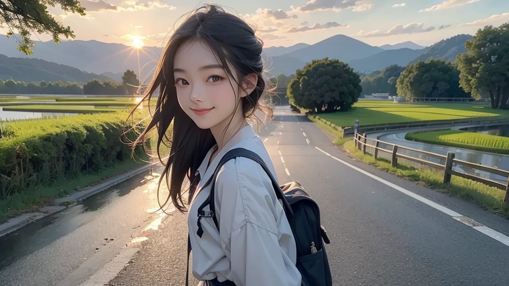 8K、RAW Photos、Highest quality、Super detailed、Super Resolution、Ultra HD、8K壁紙、Amazing details summer、evening、sunset、A rural road lined with rice fields、Paved roads、Woman walking on a country road、 school girl in uniform、Drink water、School bag、Blue sky、Shining Sun、Water bottle、smile
