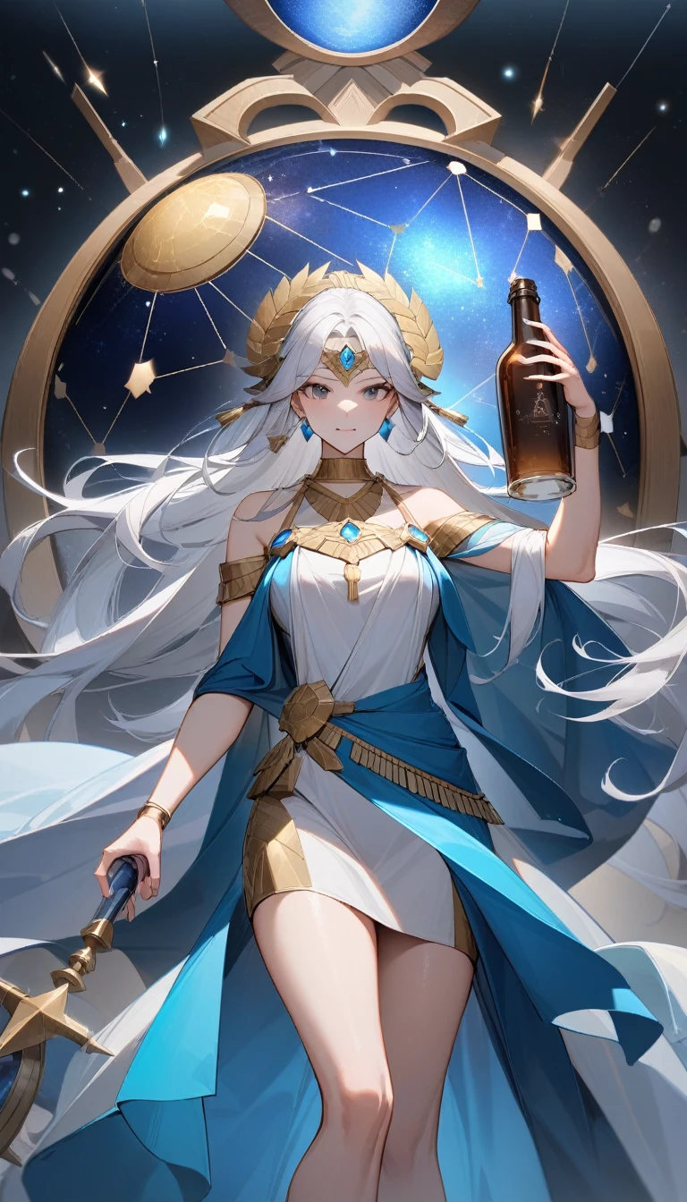 (Huang Li、high quality、Extremely detailed),Constellation Aquarius Goddess,Huge glass bottle,Woman holding glass bottle,Similar to Latin goodness,brave,capricious,Productivity,The face of enterprising and humanitarianism,Short blue and white hair,Ancient Greek costumes、Wrap Dress,The background is the universe,Crystal black eyes(Eyes Details),Powerful appearance
