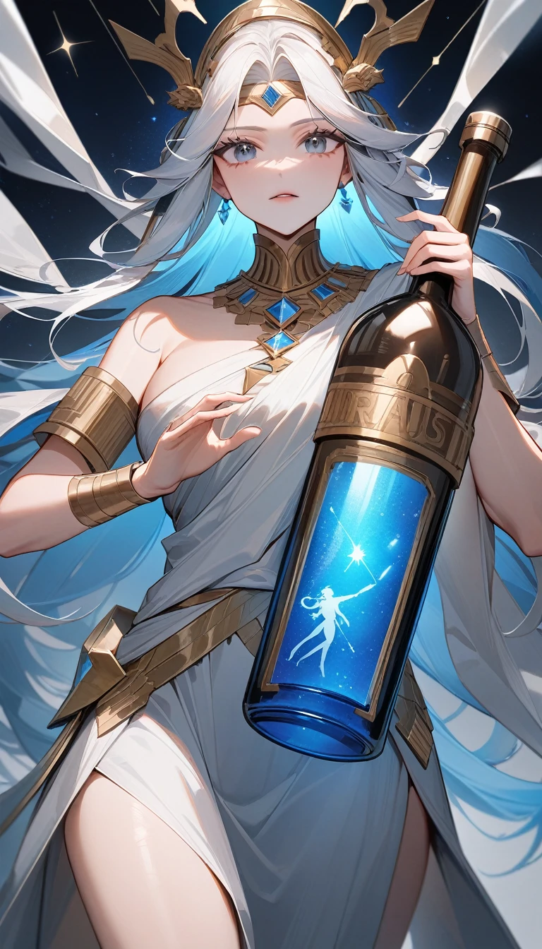 （Huang Li、high quality、Extremely detailed），Constellation Aquarius Goddess，Huge glass bottle，Woman holding glass bottle，Similar to Latin goodness，brave，capricious，Productivity，The face of enterprising and humanitarianism，Short blue and white hair，Ancient Greek costumes、Wrap Dress，The background is the universe，Crystal black eyes（Eyes Details），Powerful appearance