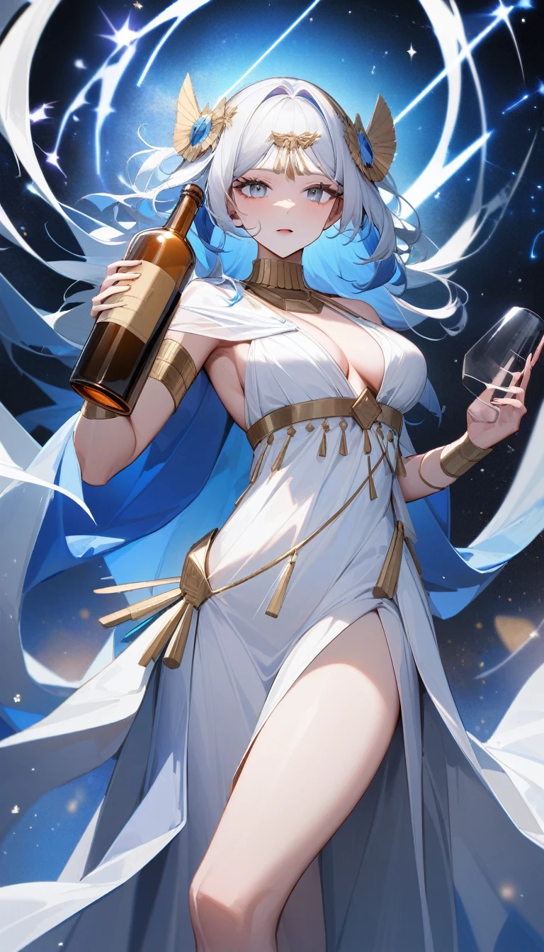 （Huang Li、high quality、Extremely detailed），Constellation Aquarius Goddess，Huge glass bottle，Woman holding glass bottle，Similar to Latin goodness，brave，capricious，Productivity，The face of enterprising and humanitarianism，Short blue and white hair，Ancient Greek costumes、Wrap Dress，The background is the universe，Crystal black eyes（Eyes Details），Powerful appearance