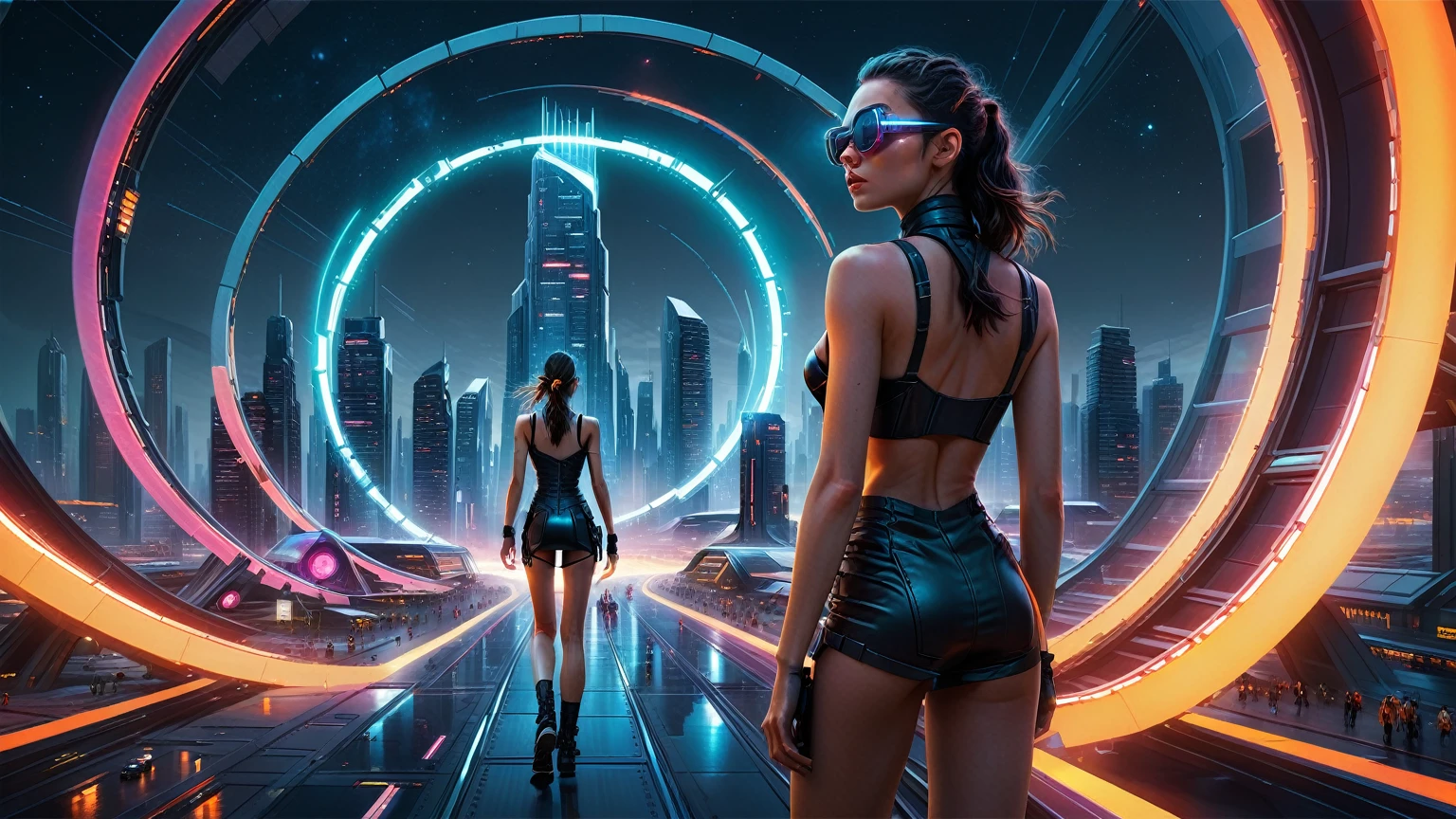 Brightly colored abstract aerial view image of a (((((futuristic railway station))))) with a spiral, a (((futuristic all-glass train))) passing by, epic beautiful space sci-fi, chaotic cinematic space rift, Greg Beeple, planets colliding, Beeple and Tim Hildebrandt, Beeple and Jean Giraud, end of the universe, (((giant glass lion sculpture))), galaxy space sci-fi, ringworld, by Mike "Beeple" Winkelmann. Matrix style, (((Matrix cascading code))), (((a futuristic twin tower skyscraper with a unique twisted design))), (((OLED GUI interfaces in the building))), at night, (((((1girl, solo))))), photo realistic, (((((((large-breast:1.2 body, cleavage:1.4))))))), (((((off broken mini sling-shirt and black sling bra, extreamly short pleated miniskirt exposing panty))))), (((((running pose))))), (((((((matrix style black micro sunglasses))))))), ((((((((((aiming with a short gun)))))))))), (((((looking at camera))))), (((very low view))), (((((half-body thigh level medium shot))))), (((cinematic lighting))).