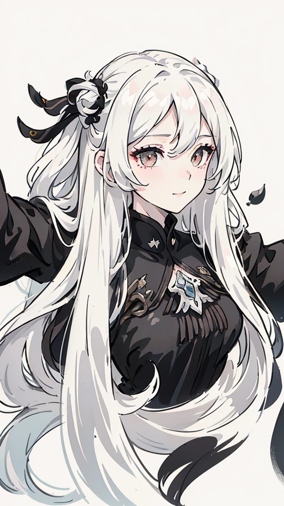Woman , long wavy white hair, long wavy white hair , long wavy hair, long wavy hair, black siren eyes, black siren eyes, FOV, f1.8, masterpiece, front portrait shot, black and white casual modern clothing, plain white colored background with black petals, black petals, close up, smiling, full body shot, full body