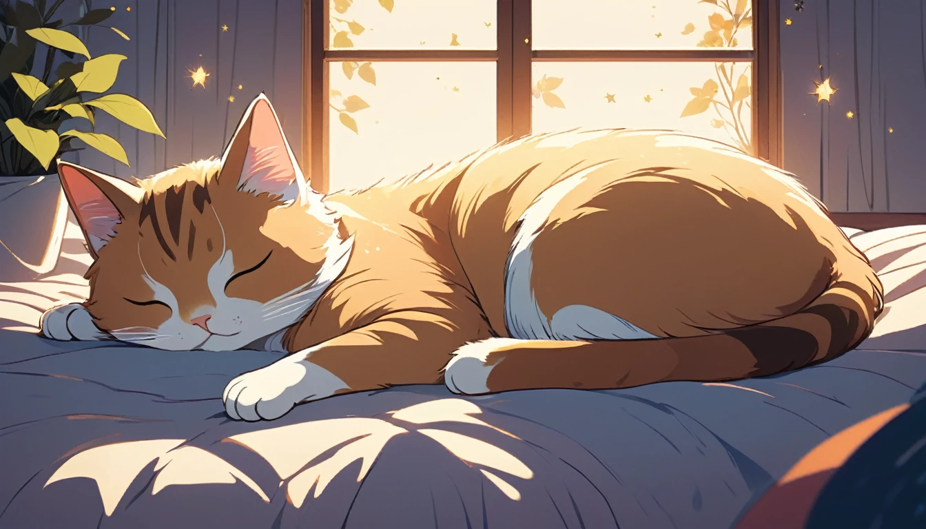 Sleeping cat cushion, Wide-angle lens, Lofi Anime, Lofi illustration, Aesthetic atmosphere, Lo-Fi Style, Vector art, Flat Design, Simple shape, Warm tones, Pleasant atmosphere, Chill, In anime style, Digital drawing, Vector art, Vector logo for t-shirt printing, (Adorable:1.5), (small:1.4), (Playful:1.2), (soft:1.3), (Whimsical:1.1), masterpiece, Highest quality, 8K, Intricate details, grow, Celestial, Mysterious, Picturesque, amazing, Majestic, Magic, Fantasy art, Cover art, dream-like