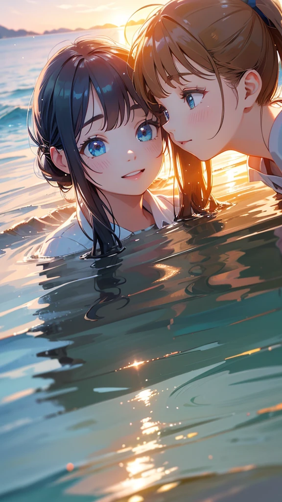 2girls in school uniforms,one with ponytail,one with twin tails,playing in the sea,joyful expression,(best quality,4k,8k,highres,masterpiece:1.2),ultra-detailed,(realistic,photorealistic,photo-realistic:1.37),beautiful detailed eyes,beautiful detailed lips,extremely detailed eyes and face,long eyelashes,serene ocean landscape,sparkling sunlight reflecting on water,warm color tones,soft natural lighting,calm and peaceful atmosphere animation