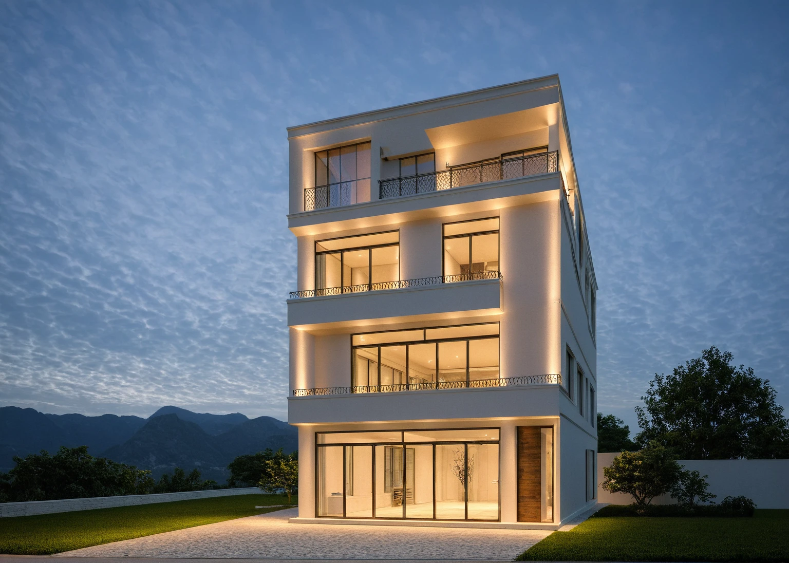 Masterpiece, high quality, best quality, authentic, super detail, outdoors, neoclassic house style, on the street ,glass, stairs, white wall ,road,pavement, grass, trees, sky, cloud, (mountainous scenery background) (night light:1.1)