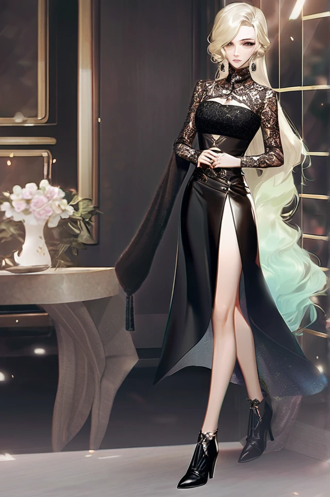 ((Лучшее качество)), ((шедевр)), (подробный), Tina Kandelaki in a lace top,short leather skirt, high-heeled boots