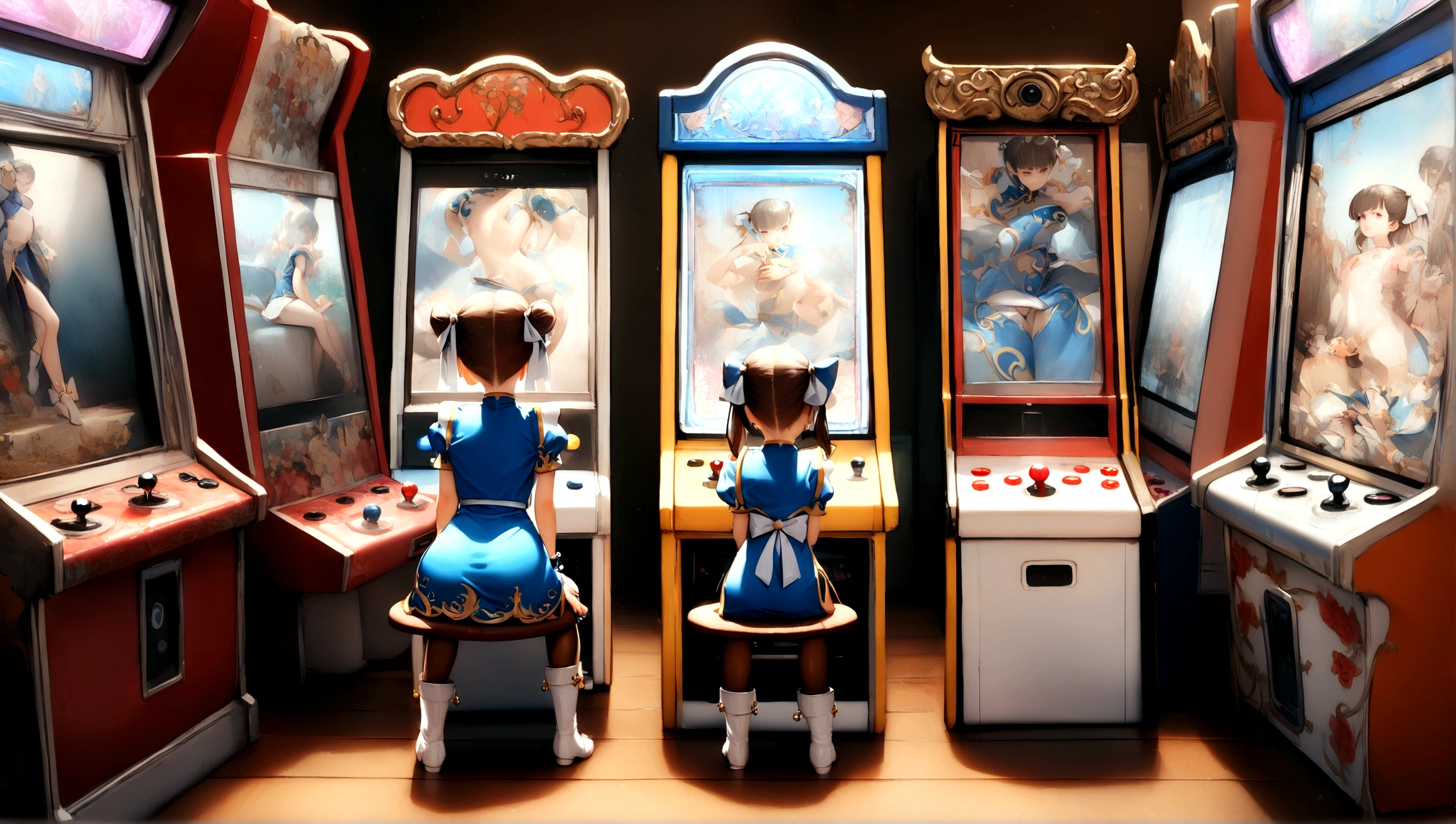 (ultra high quality), detailed face, high resolution, ((masterpiece)), ((best quality)), ((ultra detailed)), delicate, (ultra realistic), ((extremely detailed)), depth of field , ((cowboy photo: 1.4)), ((2girl)), group, sitting on the floor, ((varied poses)), elementary school girl, loly, short stature, , ((no bra)), small build, facing viewer, ((intricate arcade machines)), a row of arcade style machines sitting in a row in a video game room, game controller, game console, controller, television, short sleeve, sleeveless clothing, ( (white waistband)), ((Chun Li))), bows, covered bows, Chinese dress, qipao, blue suit, spiked bracelets, puffed sleeves, brown pantyhose, white boots, flat chest, flat stomach, tiny body, height small