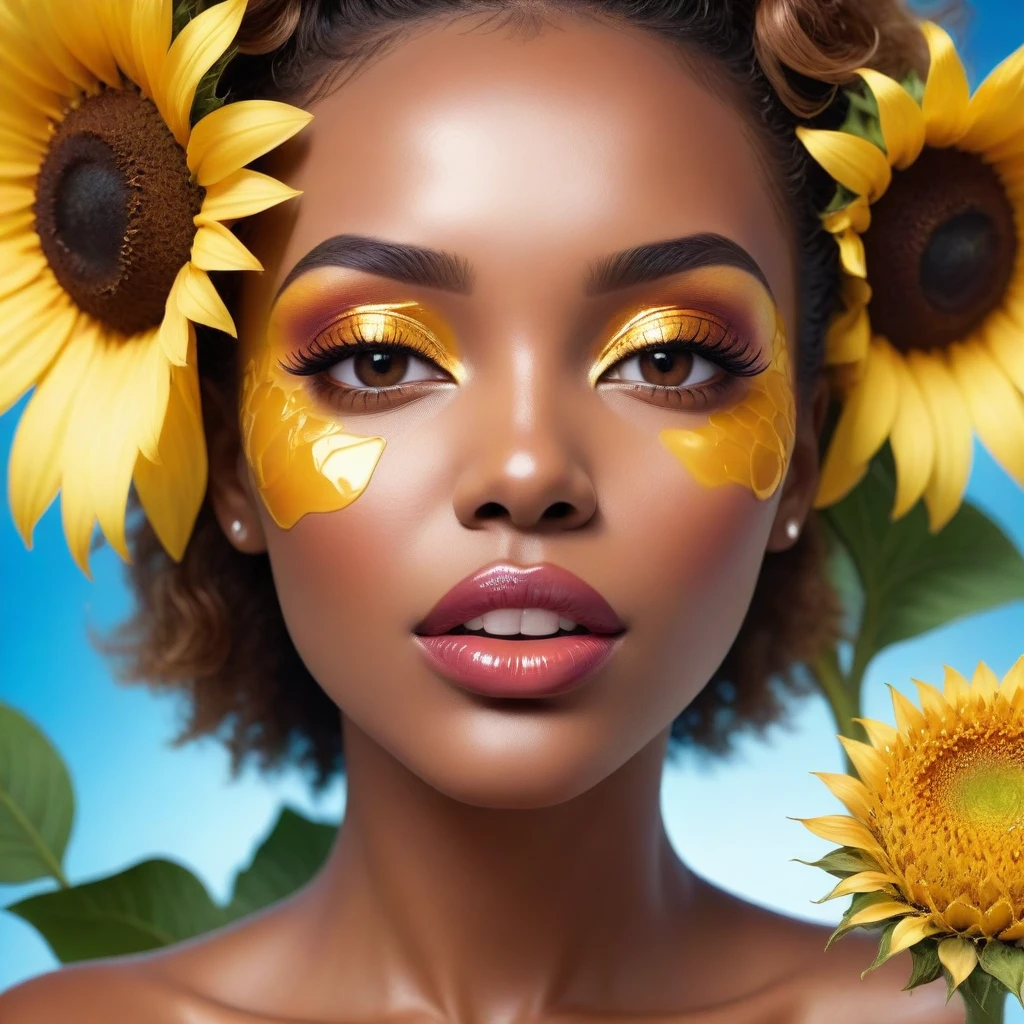 Create a captivating and stunning vibrant honeycomb texture on the lips ( mimic a real honey comb in brown and bright shades ) , complemented by a big sunflower on the skin , the lips should be parted with the sparkling two upper white teeth displayed. The use of honey as a theme adds a touch of sweetness and whimsy to the overall look surrounded by the skin of a radiant and light-skinned African American woman. Make it a creative and eye-catching piece of lip art! 🎨, 3D rendering, high shiny and glossy effect