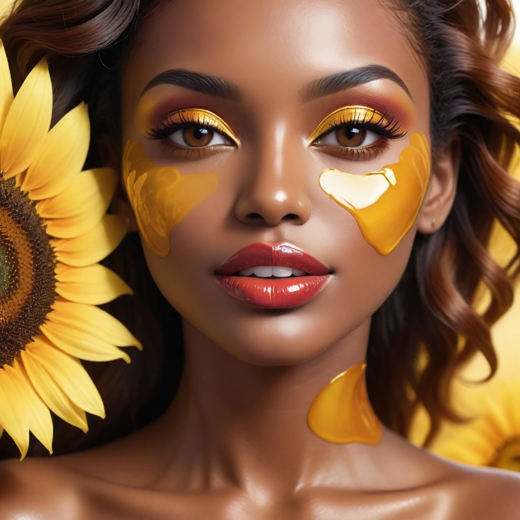 Create a captivating and stunning vibrant honeycomb texture on the lips ( mimic a real honey comb in brown and bright shades ) , complemented by a big sunflower on the skin , the lips should be parted with the sparkling two upper white teeth displayed. The use of honey as a theme adds a touch of sweetness and whimsy to the overall look surrounded by the skin of a radiant and light-skinned African American woman. Make it a creative and eye-catching piece of lip art! 🎨, 3D rendering, high shiny and glossy effect