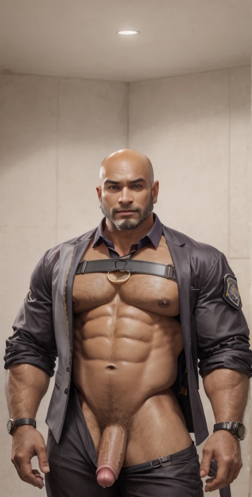 1boy, indian, solo, facial hair,84 yrs old, dom, male focus, flaccid penis, bald head, pectorals, bara, muscular, mature male, muscular male, abs, beard, ring nipples, chest harness, short hair, navel, stomach, large pectorals, thick eyebrows, bare pectorals, wrench_genshin_style, dark-skinned male, erection, thighs, erection under clothes, fancy suit, dark skin, tie, open shirt, jacket, grey business suit, pectoral cleavage, cowboy shot, cop agent uniform, feet out of frame, thick thighs, looking at viewer, masterpiece, 4k, high quality, highres, absurdres,