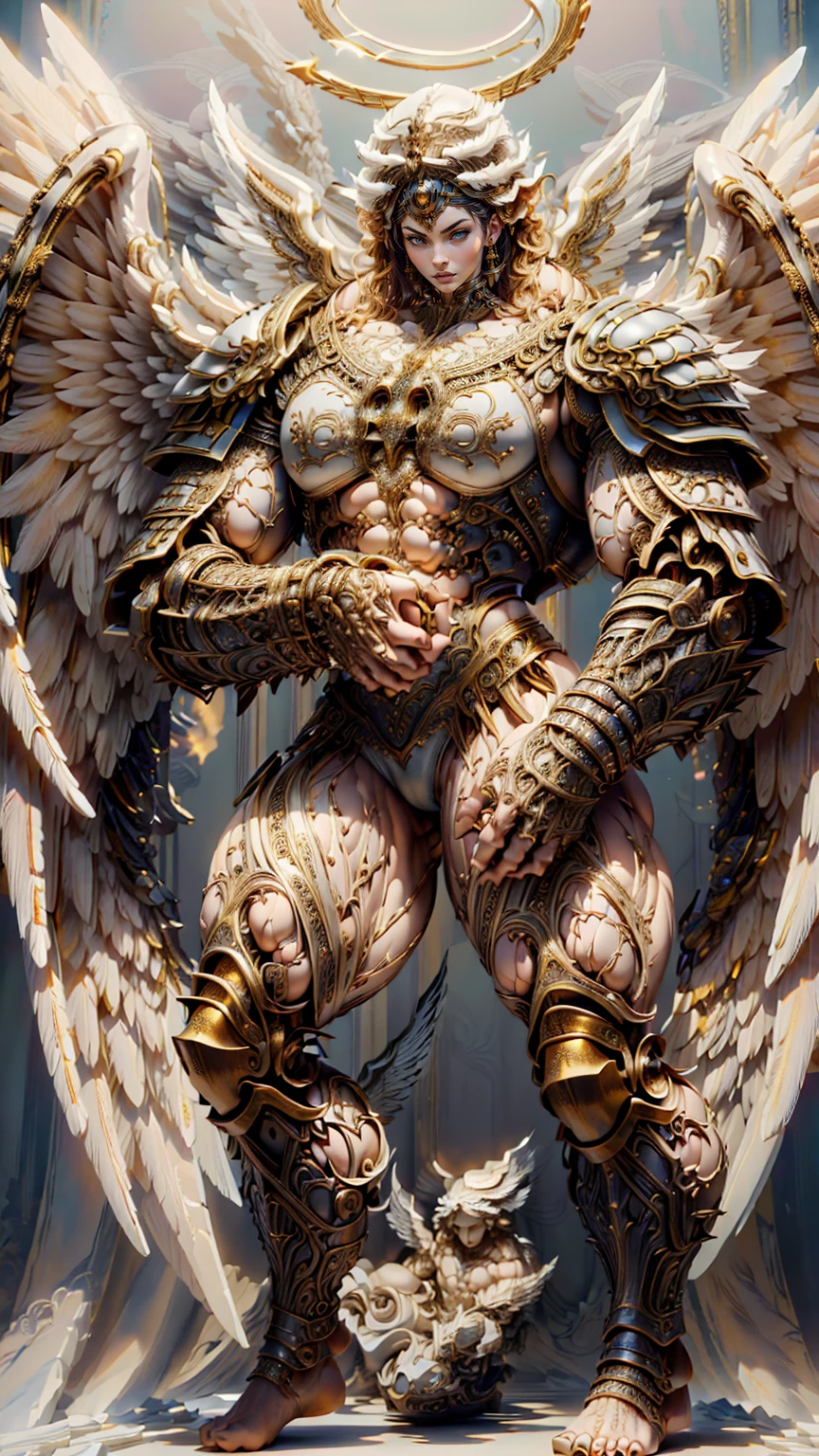 (cara delevingne), ((((((1 muscular angel girl)))))), (((huge upper body))), long hair, ((((huge angelic wings))), (((intricate ornate angelic full body armor))), ((((full body front view)))), (((perfect hands, perfect fingers))), (((empty background)))