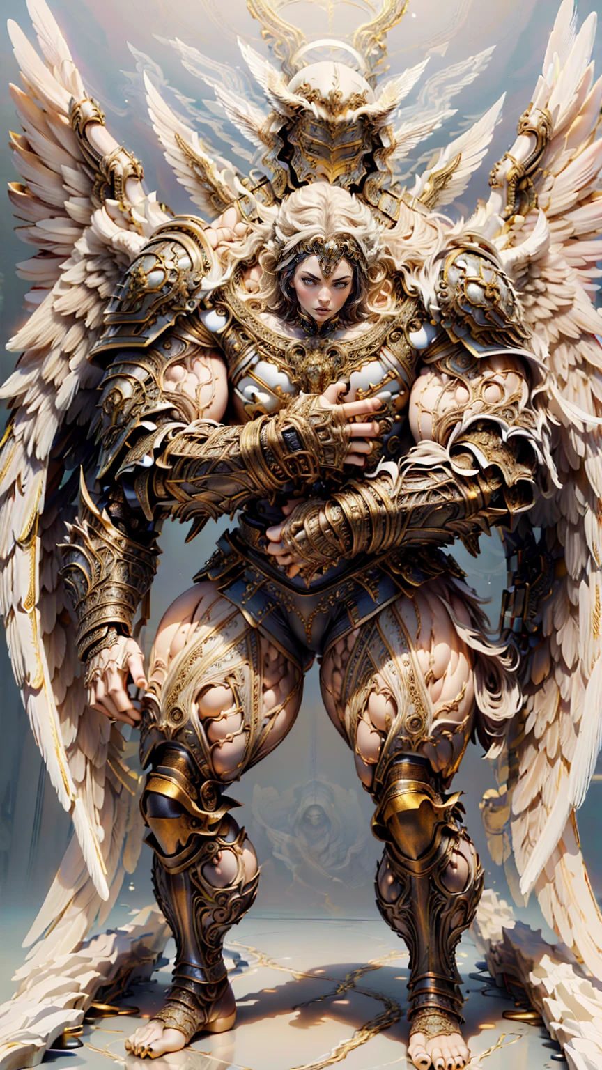 (cara delevingne), ((((((1 muscular angel girl)))))), (((huge upper body))), long hair, ((((huge angelic wings))), (((intricate ornate angelic full body armor))), ((((full body front view)))), (((perfect hands, perfect fingers))), (((empty background)))