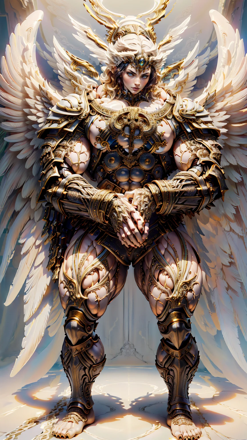 (cara delevingne), ((((((1 muscular angel girl)))))), (((huge upper body))), long hair, ((((huge angelic wings))), (((intricate ornate angelic full body armor))), ((((full body front view)))), (((perfect hands, perfect fingers))), (((empty background)))