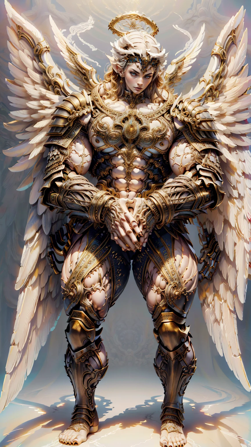 (cara delevingne), ((((((1 muscular angel girl)))))), (((huge upper body))), long hair, ((((huge angelic wings))), (((intricate ornate angelic full body armor))), ((((full body front view)))), (((perfect hands, perfect fingers))), (((empty background)))