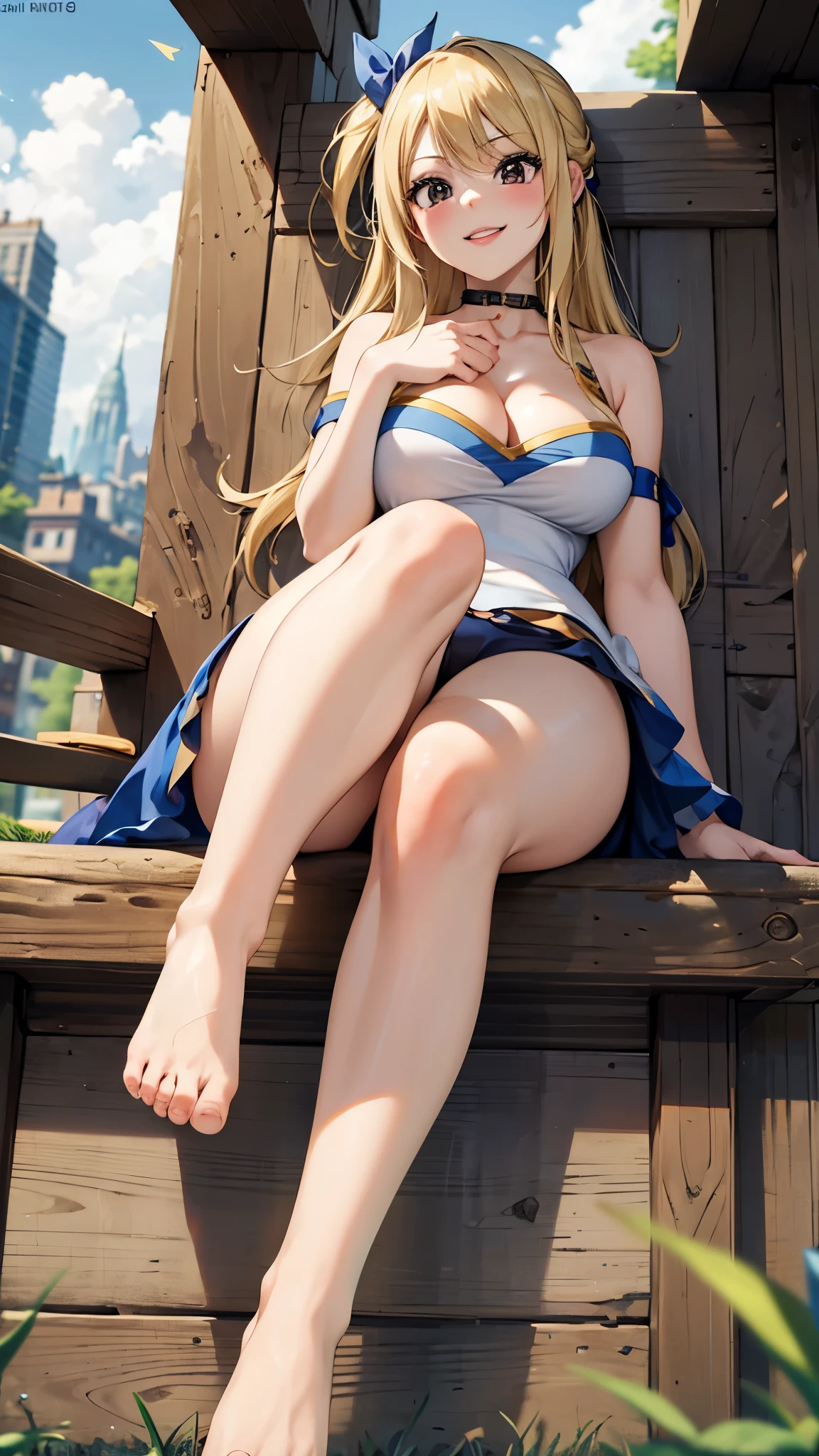 CG, unity, 8k, wallpaper, highest quality, masterpiece, 1 girl, lucy heartfilia, blonde, smile, sitting, show your foot, barefoot, thighs, sexy, best lighting, complex pupils, complex textile, realistic skin texture, detailed background, (In a Western-style fantasy city), low angle, view from below