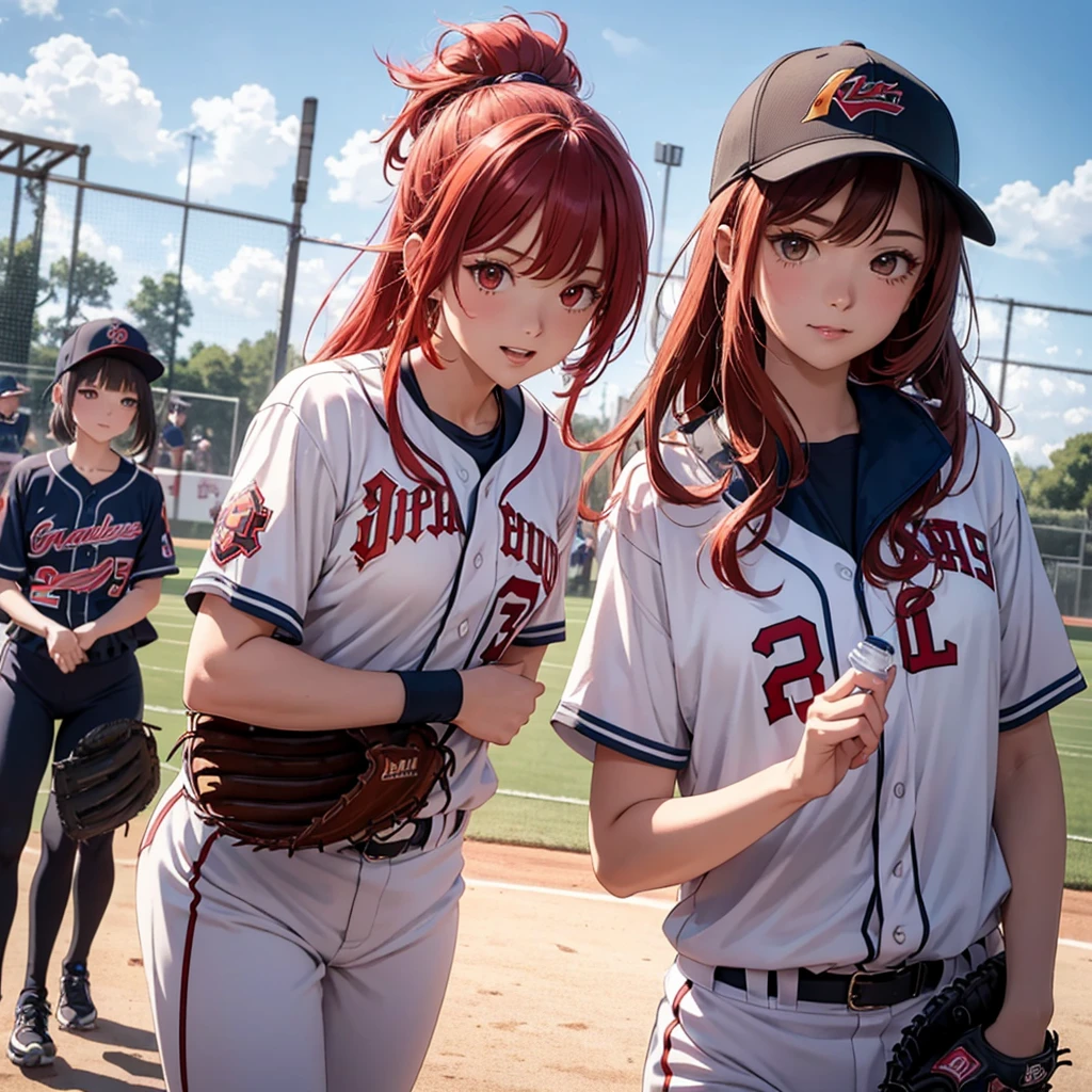 two beautiful young women, anime style, detailed faces, red hair, red eyes, delicate features, soft lighting, wearing baseball manager uniforms, one holding a clipboard and whistle, the other carrying a water bottle, standing by the baseball field, cheerful and supportive expressions, sunny day, baseball team practicing in the background, dynamic pose, Japanese anime style, high quality, highly detailed, 8k resolution, cinematic lighting, best quality, vibrant colors, Instagrammable, aesthetic, trendy