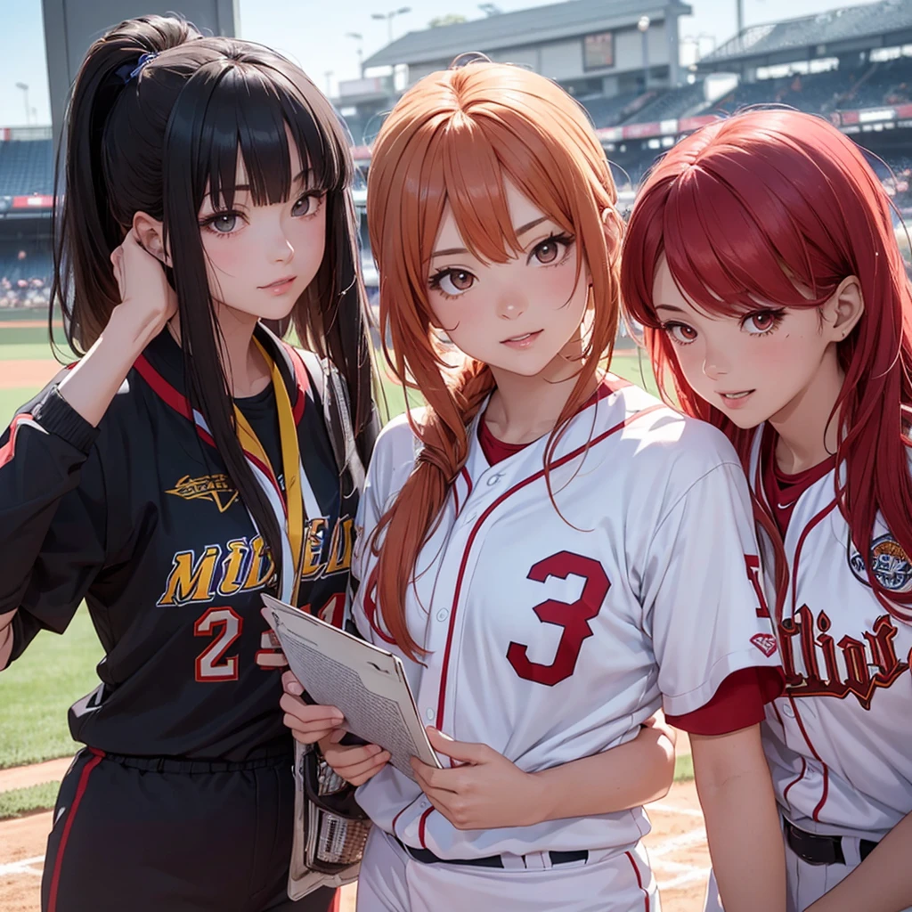 two beautiful young women, anime style, detailed faces, red hair, red eyes, delicate features, soft lighting, wearing baseball manager uniforms, one holding a clipboard and whistle, the other carrying a water bottle, standing by the baseball field, cheerful and supportive expressions, sunny day, baseball team practicing in the background, dynamic pose, Japanese anime style, high quality, highly detailed, 8k resolution, cinematic lighting, best quality, vibrant colors, Instagrammable, aesthetic, trendy