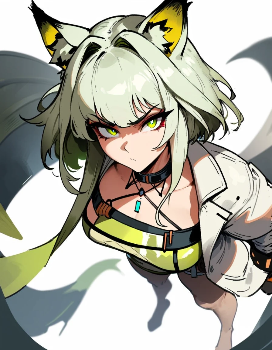 1girl, kal'tsit \(arknights\), arknights \\\\\ masterpiece, best quality, very aesthetic, absurdres, newest \\\\\\ slim body,///// ,by nyantcha,cutesexyrobutts , by khyle,,////// ,,,, , ,,detailed face, , ,, , , , , beautiful face, (white background:1.2), , sexy, , serious.angry, green eyes, animal ears, , ,,,big tits,),  in the center of the frame,,, ,wears a lab coat, ,full body ,  solo, top view