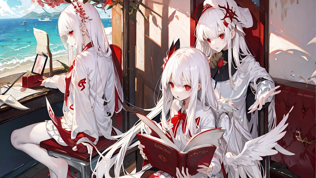 1 girl、White long hair、Red eyes、Uniforms，Summer seaside、Sitting at the desk、looking at the book in hand、No Expression、Don&#39;t look at the camera、sunny、Waves、Big scene、，(Highest quality high resolution)、((Masterpiece Best Quality:1.2)),, [[Multiple fingers]], [[[Multiple Limbs]]]