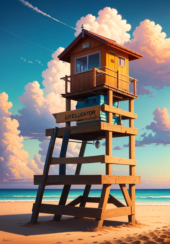 anime style, painting of a tiny lifeguard tower on the beach, sunset, full clouds in the sky, 1 picture