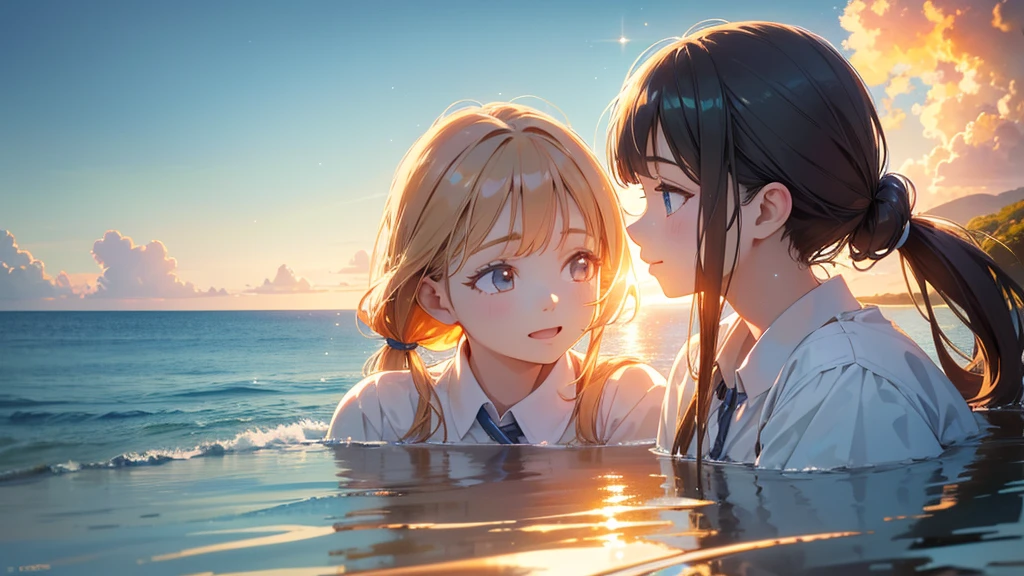 2girls in school uniforms,one with ponytail,one with twin tails,playing in the sea,joyful expression,(best quality,4k,8k,highres,masterpiece:1.2),ultra-detailed,(realistic,photorealistic,photo-realistic:1.37),beautiful detailed eyes,beautiful detailed lips,extremely detailed eyes and face,long eyelashes,serene ocean landscape,sparkling sunlight reflecting on water,warm color tones,soft natural lighting,calm and peaceful atmosphere animation