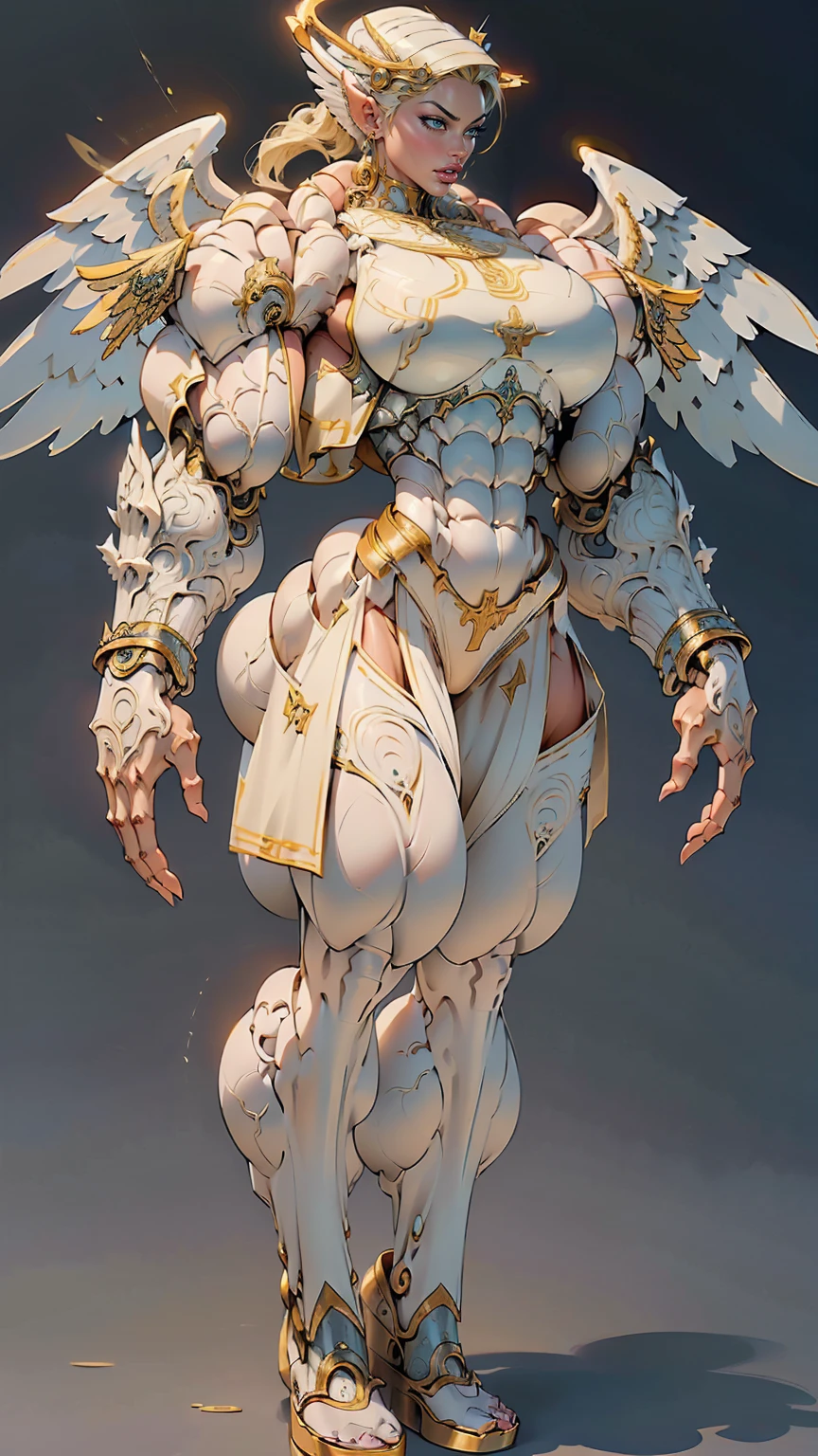 (cara delevingne), ((((((1 muscular angel girl)))))), (((huge upper body))), long hair, ((((huge angelic wings))), (((intricate ornate angelic full body armor))), ((((full body front view)))), (((perfect hands, perfect fingers))), (((empty background)))