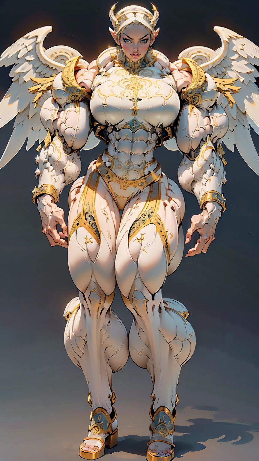 (cara delevingne), ((((((1 muscular angel girl)))))), (((huge upper body))), long hair, ((((huge angelic wings))), (((intricate ornate angelic full body armor))), ((((full body front view)))), (((perfect hands, perfect fingers))), (((empty background)))