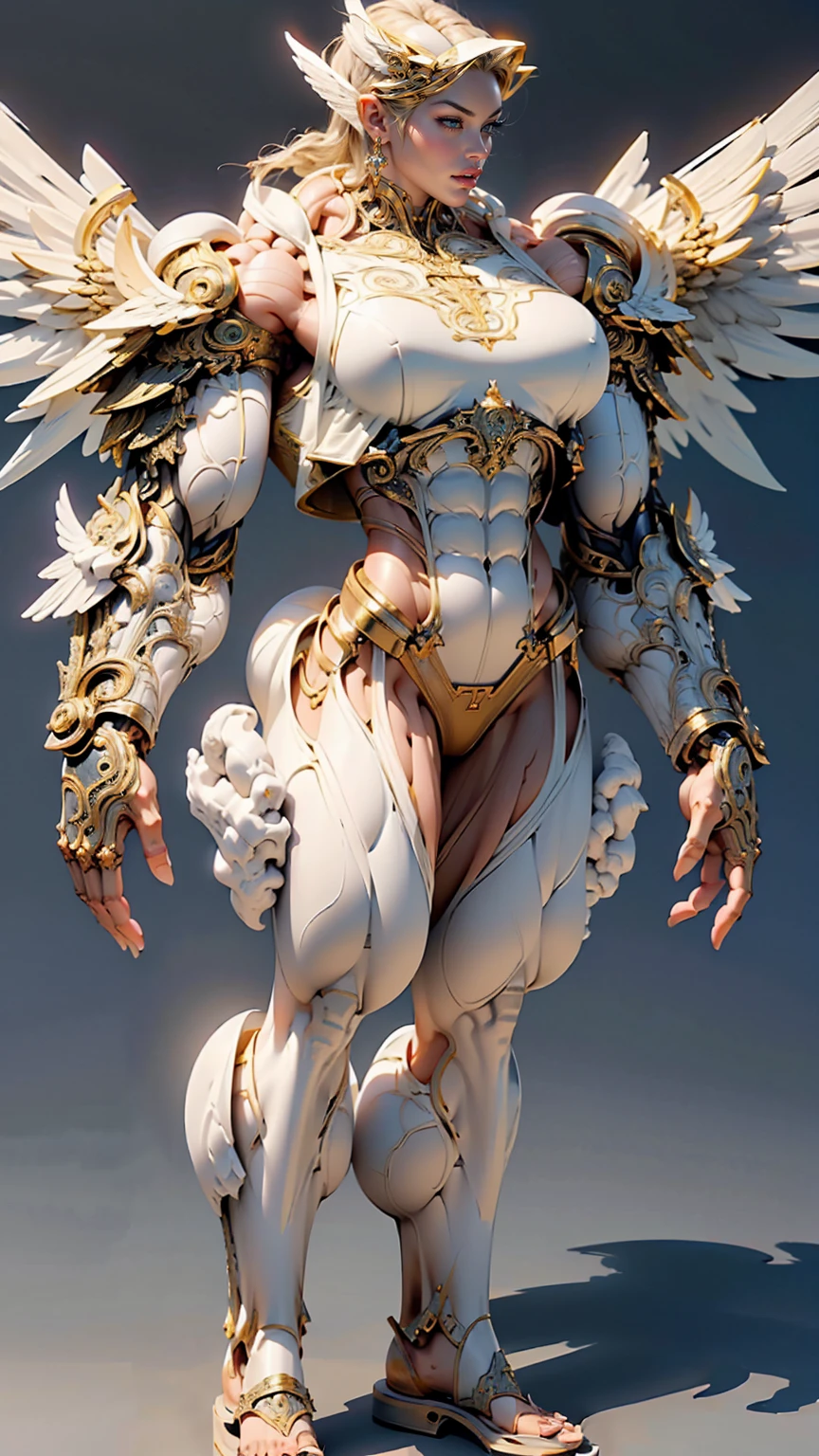 (cara delevingne), ((((((1 muscular angel girl)))))), (((huge upper body))), long hair, ((((huge angelic wings))), (((intricate ornate angelic full body armor))), ((((full body front view)))), (((perfect hands, perfect fingers))), (((empty background)))