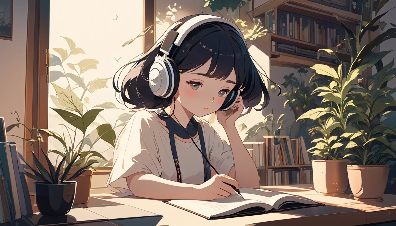 A woman studying with headphones on、, Wide-angle lens, Lofi Anime, Lofi illustration, Aesthetic atmosphere, Lo-Fi Style, Vector art, Flat Design, Simple shape, Warm tones, Pleasant atmosphere, Chill, In anime style, Digital drawing, Vector art, Vector logo for t-shirt printing, (Adorable:1.5), (small:1.4), (Playful:1.2), (soft:1.3), (Whimsical:1.1), masterpiece, Highest quality, 8K, Intricate details, grow, Celestial, Mysterious, Picturesque, amazing, Majestic, Magic, Fantasy art, Cover art, dream-like